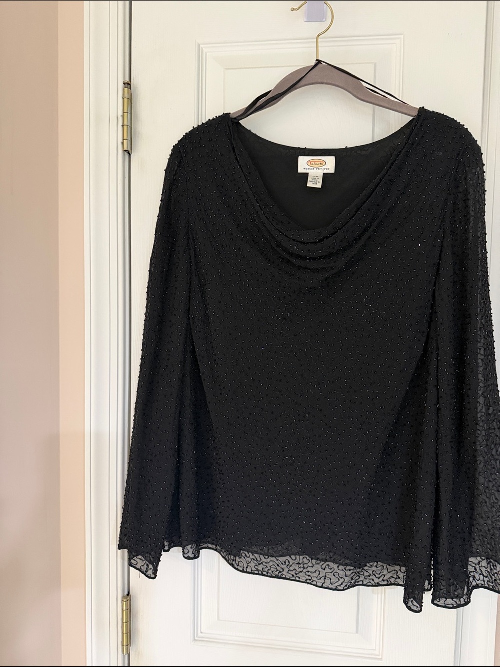 Talbots Black Beaded Cowl Neck Long Sleeve Top, 14W